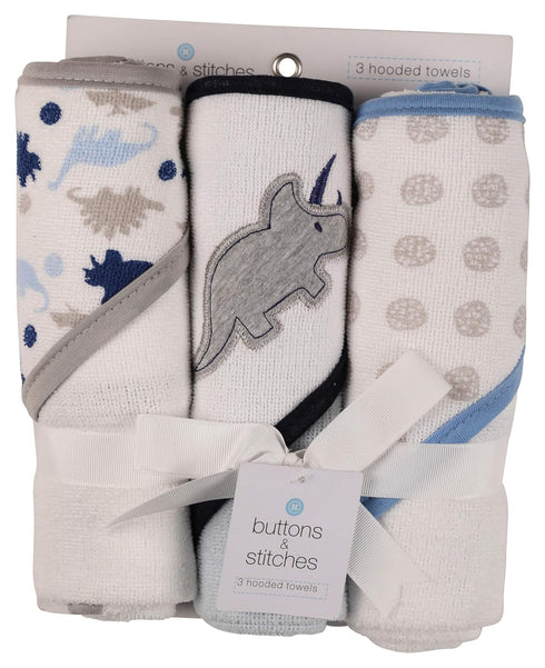Buttons and Stitches Baby Boys 3 Pack Infant Hooded Towel, Triceratops Prints