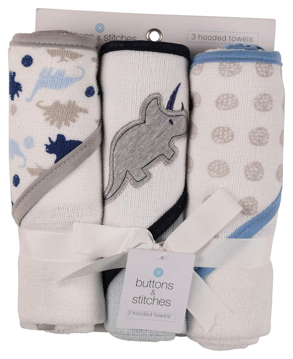 Buttons and Stitches Baby Boys 3 Pack Infant Hooded Towel, Triceratops Prints