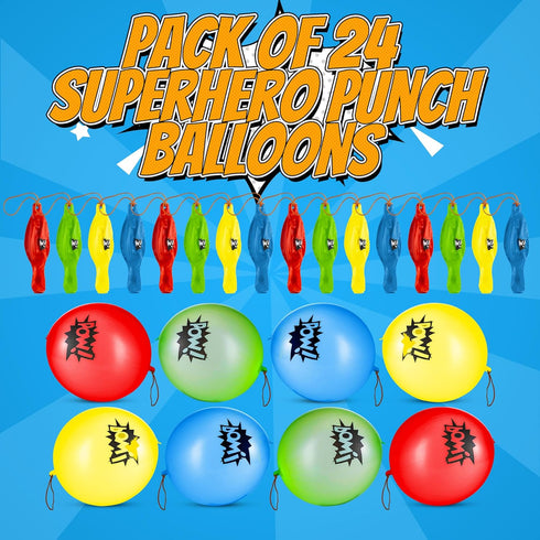 Superhero Punch Balloons, Pack of 24, Large Inflatable Punch Balls for Kids, Carnival Prizes, Birthday Party Favors
