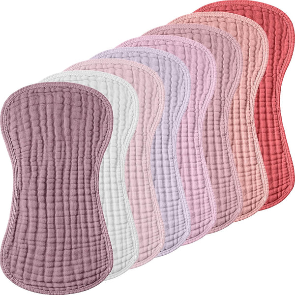 Frienda 8 Pieces Muslin Burp Cloths for Baby, Cotton Washcloths, 10 x 20 Inches, 4 Absorbent Layers (Pink Purple)