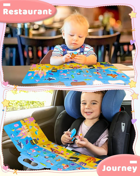 Benresive Puffy Reusable Sticker Books for Toddlers 2-4 Year, Fun Ocean Sticker Book with 32 Pcs Toddler Travel Toys