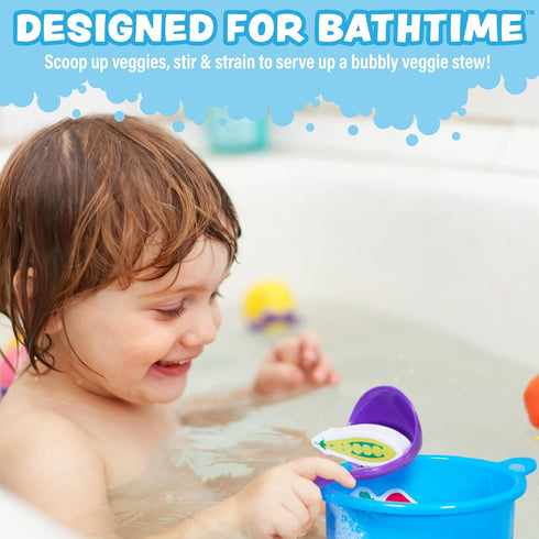 Tub Works Tub Soup Scoop, Strain & Play Toddler Bath Toy | Floating Foam Veggies, Ladle for Scooping & Soup Pot