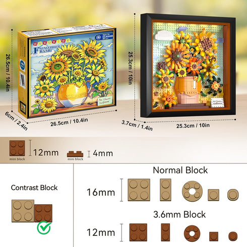 Set 807PCS Set HOGOKIDS Flowers Sunflower Building with Lights - Painting Frame Artwork Botanical Collection Mini