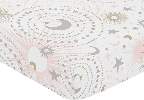 Sweet Jojo Designs Star and Moon Girl Baby Fitted Crib Sheet - Blush Pink Gold and Grey Celestial Sky for Standard