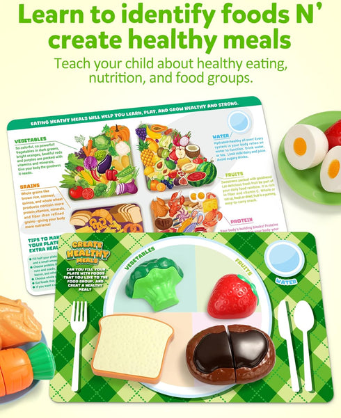 3 4 5 Coogam Pretend Play Food Kitchen Accessories for Kids, Fake Fruits Meats Vegetables Cutting Food with Shopping