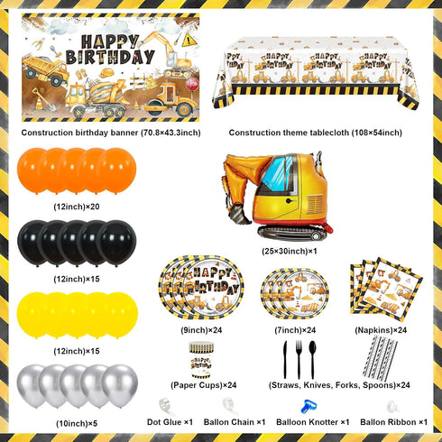 251 Set Construction Birthday Party Supplies PCS Construction Birthday Banner Balloons Plates Napkins Cups Tablecloth