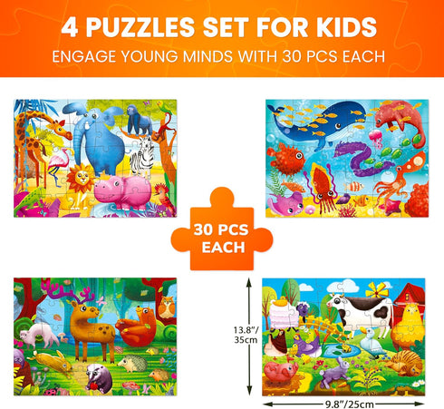 QUOKKA Puzzles for Toddlers 3-5 - 4 x 30 Pieces Animal Learning Jigsaw Puzzles for Kids Ages 2-4