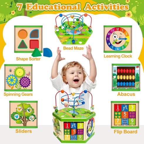 Wooden Activity Cube for 12-18 Month Boys & Girls - 7-in-1 STEM Montessori Learning Toys, Ideal 1st Birthday Gift (Pink)