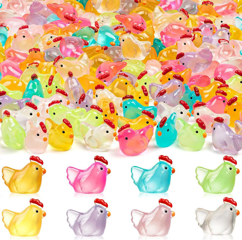 SYWHXY 64PCS Luminous Mini Chicken Figurines Resin Miniature Animals, 8 Colors Tiny Chickens