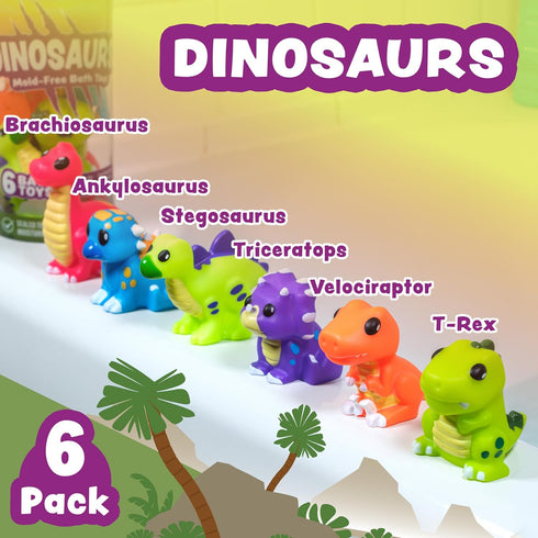 6 Pack Set Tub Works Dinosaur Mold Free Bath Toys, | Sealed, No Hole Bath Toys Design Keeps Moisture Out | Soft