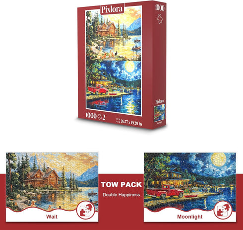 1000 2 Pack Puzzles for Adults Pieces, Lake Cabin and Moonlight Jigsaw Puzzles, Night View Theme, Challenging Puzzles