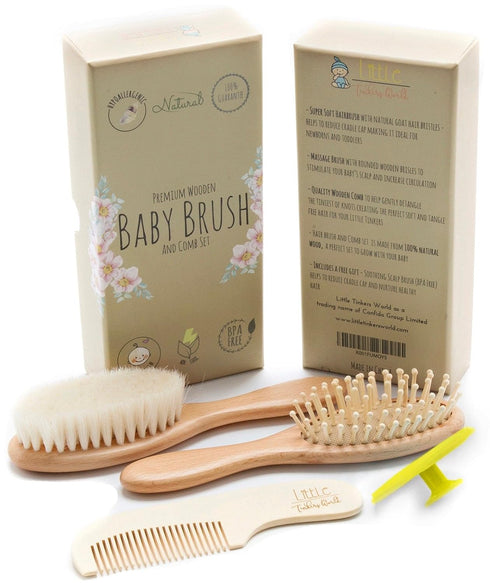 Baby Hair Brush and Comb Set, 4 Piece Wooden Soft Bristle Set for Newborn Girl, Boy, Toddler