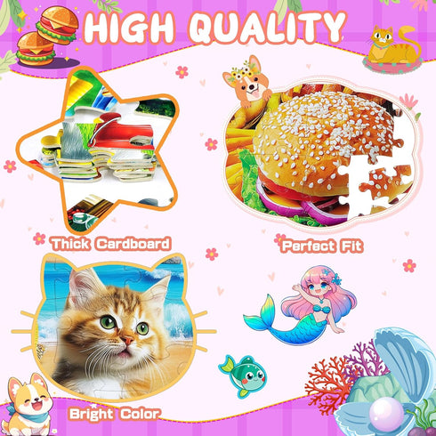 Ciesa 4 Packs 100 4-6 6-8 8-10, 4-6 5-8 Piece Puzzles for Kids Ages Mermaid Dogs Cats Hamburger Educational Jigsaw