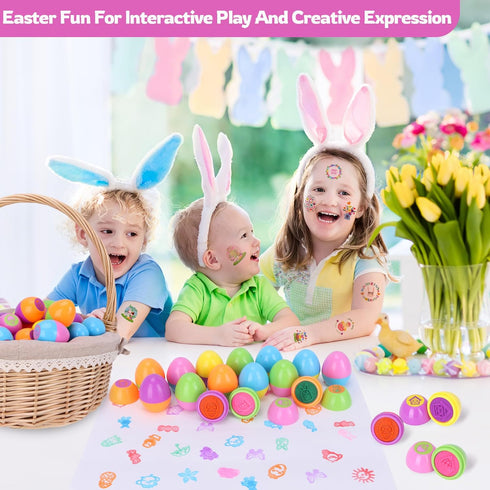 24 Pack Prefilled Easter Eggs With Toys, Stamps with Easter Tattoos Easter Basket Egg Hunt Stuffers, Pre Filled Easter