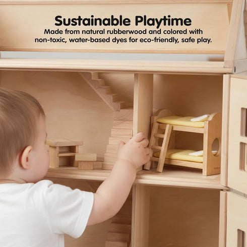Set PlanToys Wooden Childrens Room Classic for Montessori Small World Play | Creative Role Play and Social Interaction