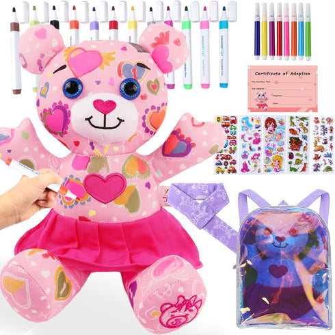 DRAWMYTOY Stuffed Animal Coloring Plush Toy Bear with 20 Washable Markers Laser Holographic