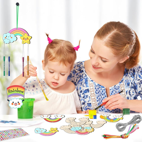 TREACLUB 12 Pack DIY Wind Chime Kit for Kids - Make Your Own Rainbow Coloring Star Moon Sun Arts and Crafts - Wooden