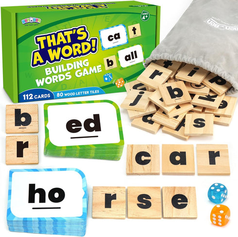 BenBen Family Spelling Games with 112 Flash Cards & Wooden Letter Tiles,