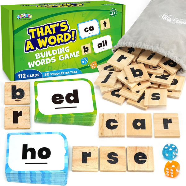 BenBen Family Spelling Games with 112 Flash Cards & Wooden Letter Tiles,