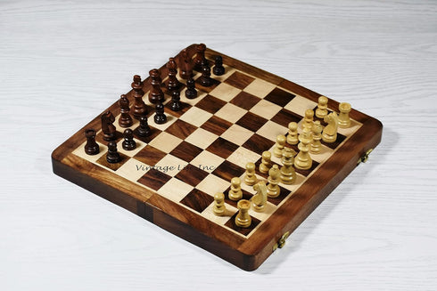 Wooden Magnetic Chess Board Set, 7" Folding Game for Adults & Kids, Portable Travel Chess