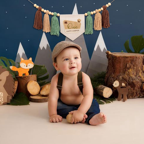 1st One Happy Camper High Chair Banner - Happy Camper Birthday Party Decoration Supplies Garlands, Adventure Camping