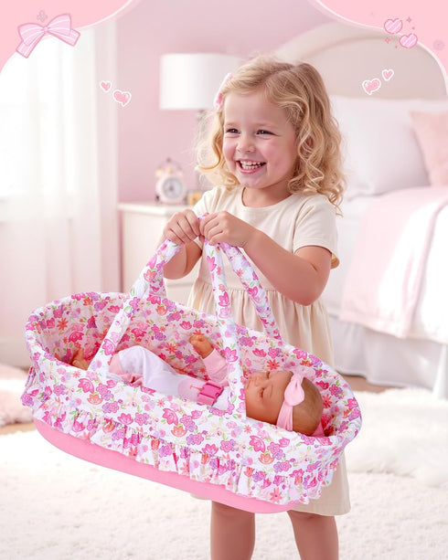 2 17-22 Inch BABESIDE Pcs Reborn Baby Doll Accessories, Pink Floral Baby Doll Bassinet with Pillow and Built