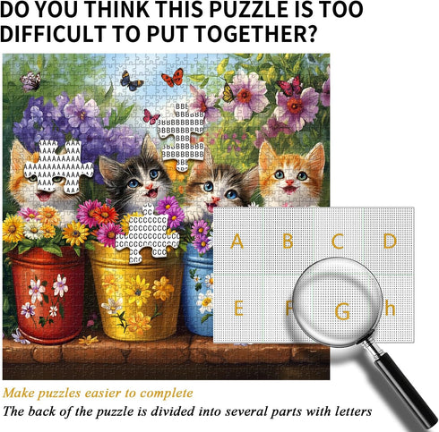 PICKFORU 1000 Cat Puzzles for Adults Pieces, Colorful Animals Jigsaw Puzzles Kitten Butterfly, Difficult Flower Plant