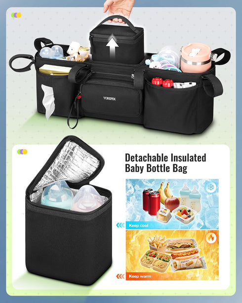 GT2 YOREPEK Padded Double Stroller Organizer with Removable Cooler Bag,Fits for Bob Duallie,Baby Jogger City Mini