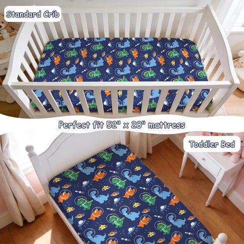 52x28 Inch JISEN Baby Crib Sheets Soft Breathable Space Dinosaurs Fitted Crib Sheets for Standard Crib and Toddler
