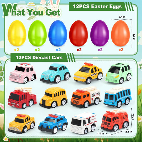 12 Pack OCHIDO Easter Eggs Filled with Die-Cast Cars, Prefilled Easter Eggs with Toys Inside for Kids Easter Basket