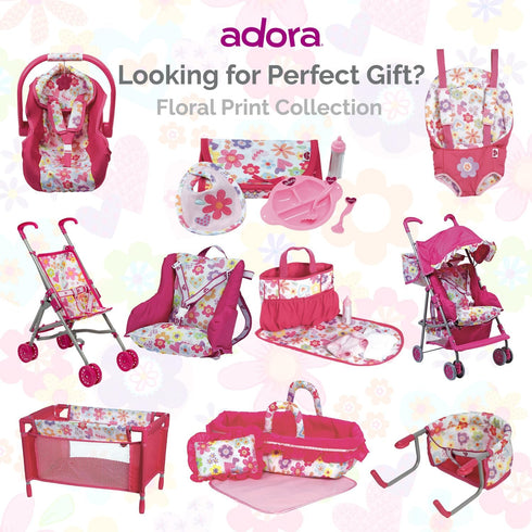 Adora Baby Doll Car Seat - Removable Seat Cover, Machine Washable, Fits Dolls & Plush Animals Up To 20” - Pink Flower