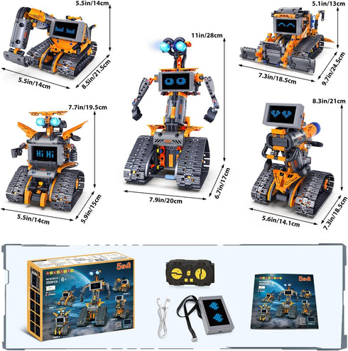 18 Sets, 5-in-1 Programmable 8-14 HOGOKIDS Robot Toys with LED Eyes & Expression Building App & Remote Control