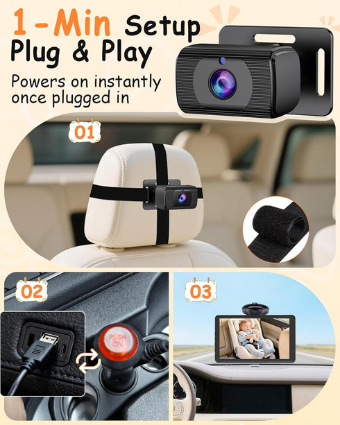 Rohent 7.2-Inch 1080P 360 F25 Baby Car Camera Monitor: HD Rear Facing Infant Backseat Camera with Night Vision Rotation