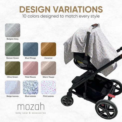MOZAH 100% Baby Car Seat Cover - Beige Leaves - Organic Muslin - Soft, Breathable and Lightweight, Baby Infant Car Seat