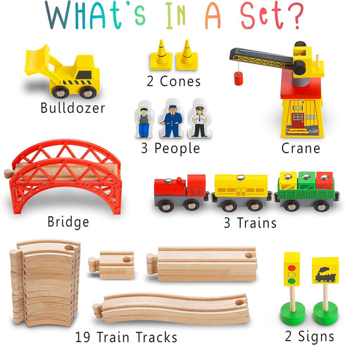 Wooden Train Sets for Boys 2-7, 38 Pcs Wood Train Set with Crane, Bridge & Tracks for 3 Year Olds