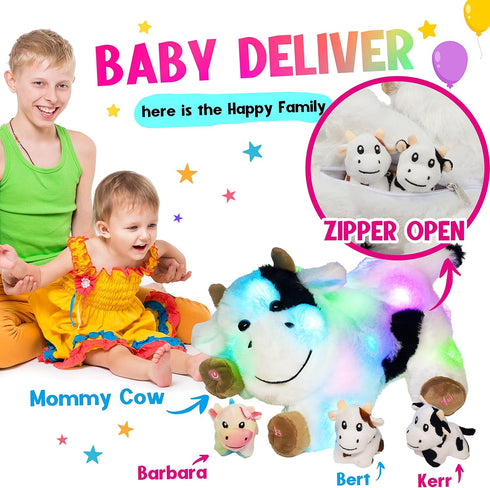 Hopearl LED Musical Stuffed Cow Playset, Singing Plush Toy with 3 Baby Cows, Adjustable Volume Lullaby.