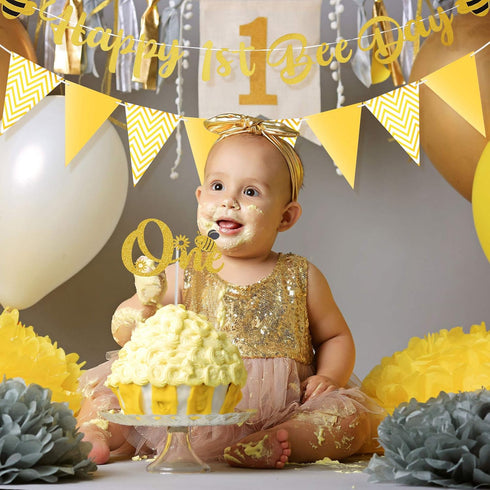 Tatuo Happy 1st Bee Day Party Decorations, Gold Glitter Banner and Cake Topper for First Birthday Supplies