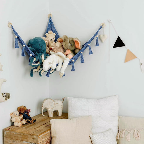Macrame Toy Hammock for Stuffed Animals, Deep Sea Blue Hanging Organizer Net for Nursery Decor