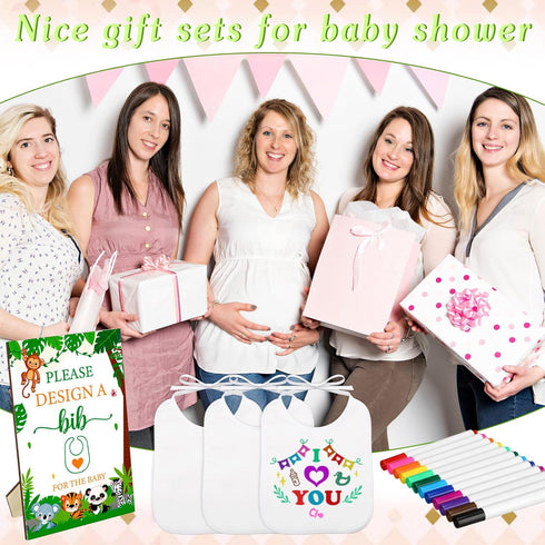 50 DIY Baby Bibs Set, Includes 25 White Feeder Bibs and 24 Fabric Markers for Baby Shower Game