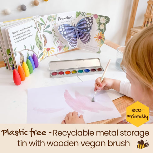 Honeysticks Non-Toxic Watercolor Paint Set for Kids, 8 Vibrant Colors with Brush, Natural Ingredients