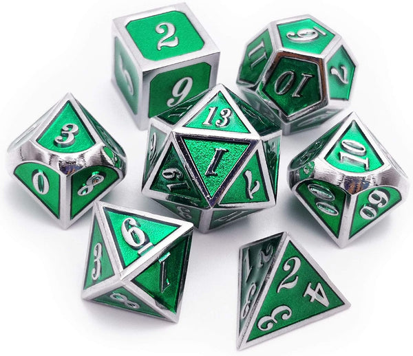 Haxtec 7 Die Metal DND Dice Set, Green Elven Goblin D&D Dice Compatible with Dungeons and Dragons RPG