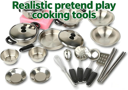 MAGIKON 17-Piece Set Miniature Toy Stainless Steel Pots and Pans , Pretend Play Kitchen Cooking Utensils Toy