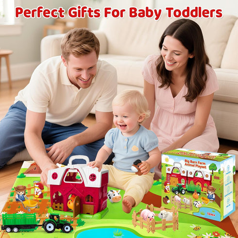 1 2 3 Set 1-3, Farm Animal Toys for Year Old Toddlers, Big Red Barn with Farm Mat & Animals & Tractor Toy for Boys