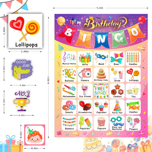 Birthday Bingo Game for Kids, 24 Players, Happy Birthday Bingo Cards with 40Pcs Reward Stickers, Classroom Activities