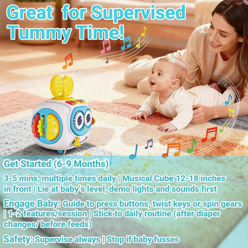 MoraBaby 1-3 6-in-1 Tummy Robot Musical Busy Cube for Toddlers Years Old, Montessori Activity Cube with Lights