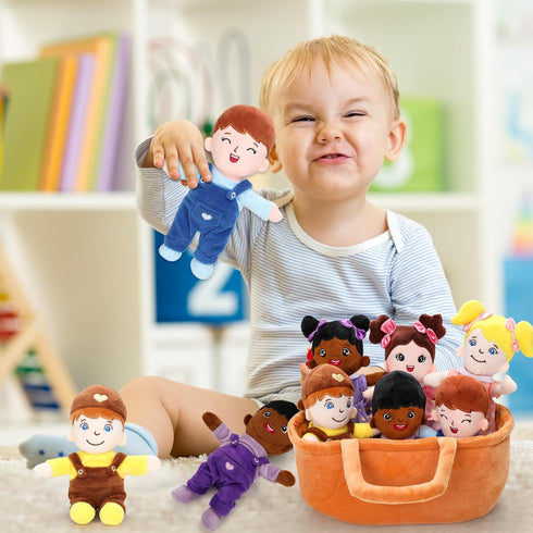 Basket of 8" Plush Diversity Baby Dolls - 6 Piece Set with Interchangeable Clothes for All Ages