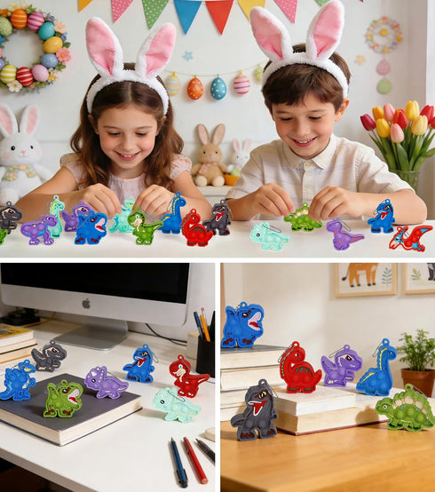 24 Pack Prefilled Easter Eggs with Dinosaur Pop Keychain Toys for Egg Hunt Easter Party Favors for Kids Boys Girls