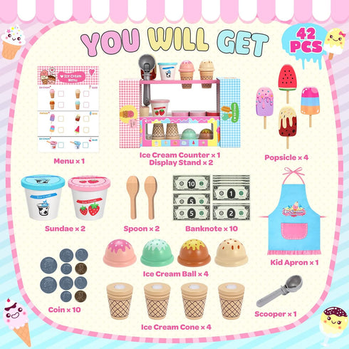 Set, Playset 3 4 5 6 7 8+ INNOCHEER Ice Cream Toy, Wooden Ice Cream Play Pretend Play Kitchen Toys, Ice Cream Toys