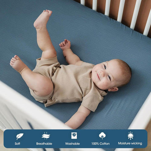 100% 2 Pack, 52"x28" 9", GRSSDER Cotton Muslin Crib Sheet Soft Breathable Fitted Sheets for Standard Baby & Toddler