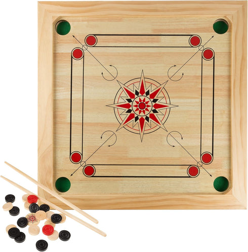 Carrom Board Game - Classic Strike and Pocket Table Game with Cue Sticks, Coins, Queen and Striker